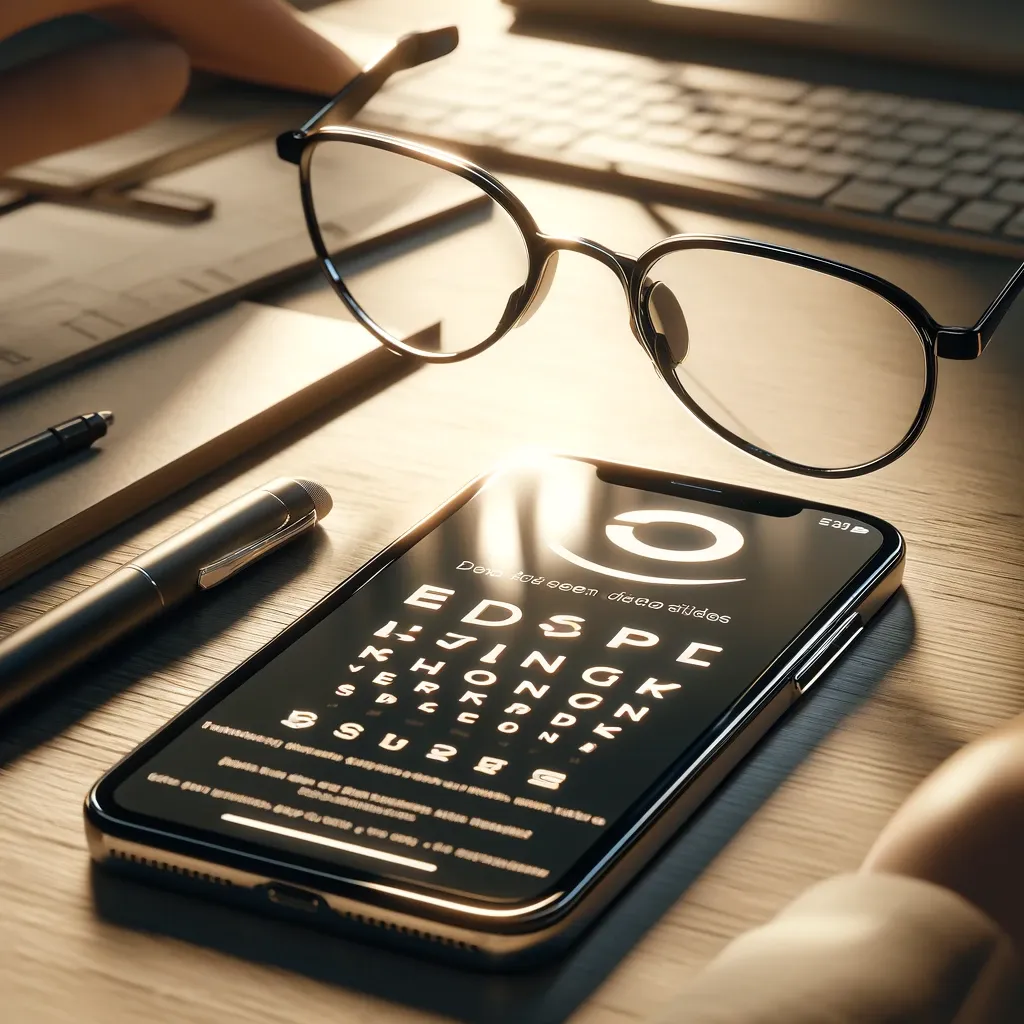 Eyeglasses, pens, and a smartphone displaying an eye chart on a wooden desk