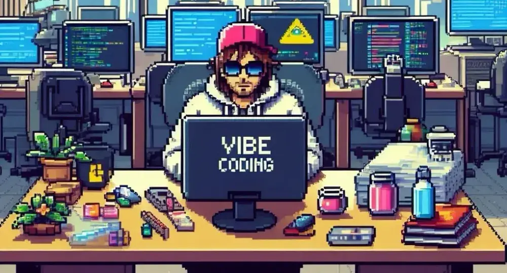 Illustration of a developer at dual monitors coding while a chat window shows real‑time collaboration with an AI assistant.